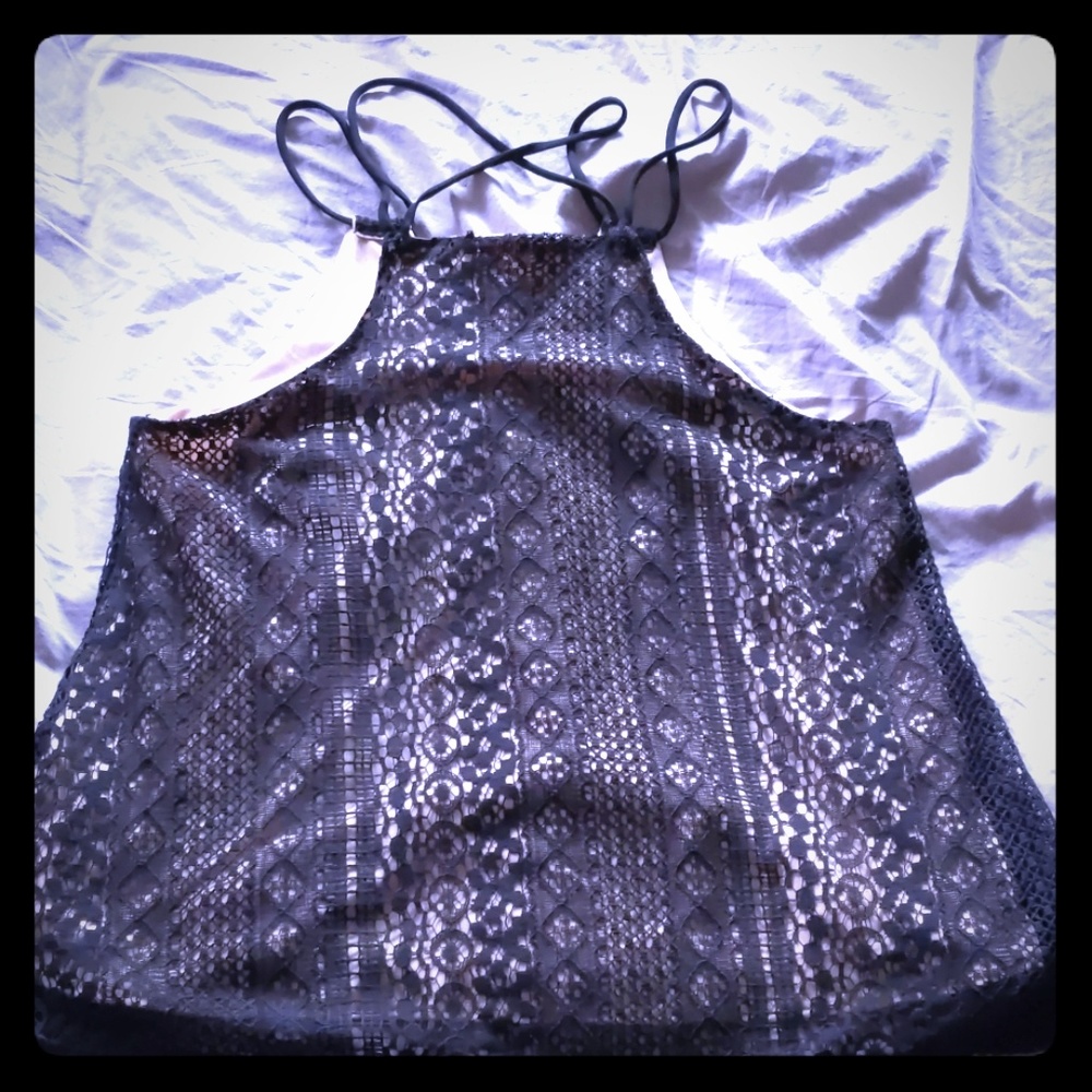 The Vanity Room Black and Tan Lace Halter Tank Top